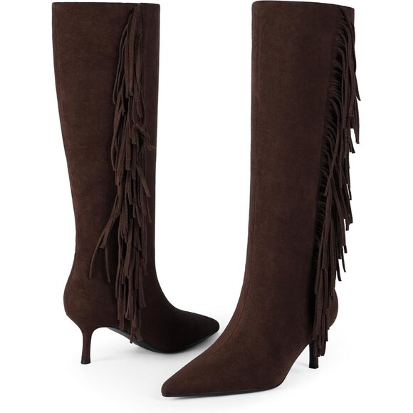 Women Suede Brown Knee High Boots Kitten Heels Tall Pointed Toe Long Boots - Picture 8 of 9